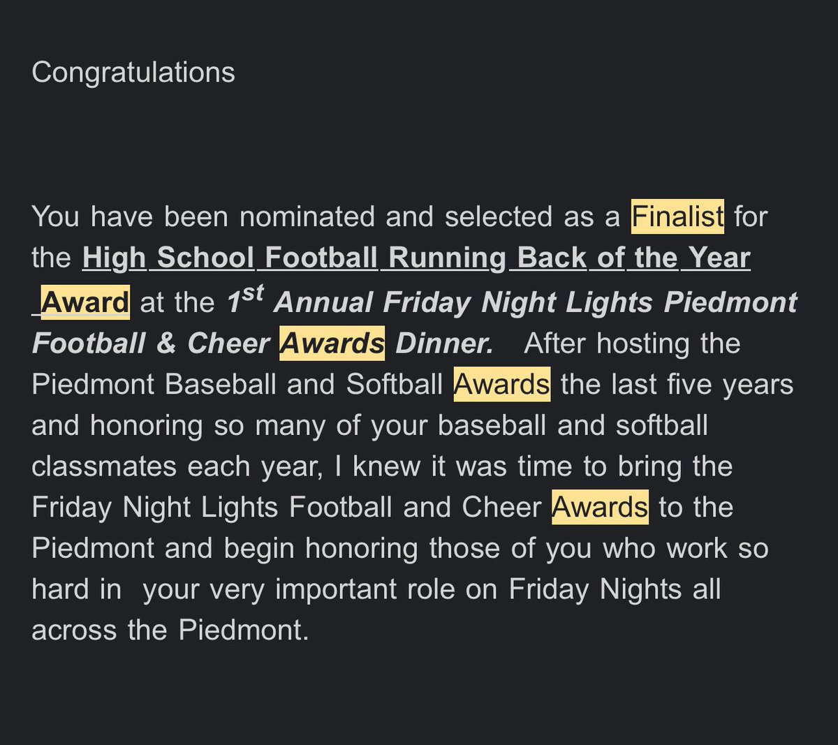 I will be at the 1st Annual Friday Night Lights Piedmont Football &amp; Cheer Awards Dinner this Sunday. Thank you <a href="/SCSportsReport/">Tripp Roakes</a> for the invitation!