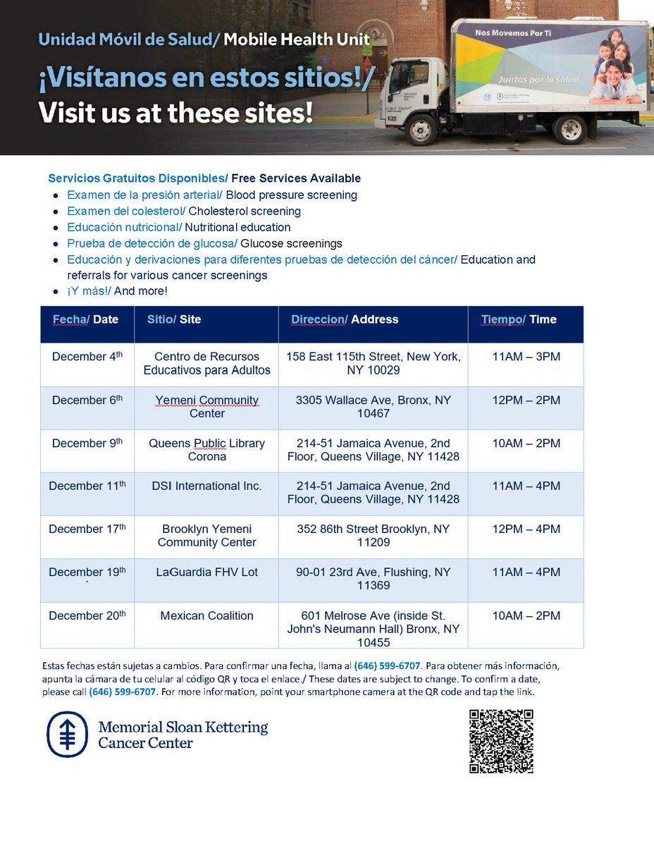 MSKCC Immigrant Health & Cancer Disparities Center (@mskihcd) on Twitter photo We're pleased to share <a href="/mskihcd/">MSKCC Immigrant Health & Cancer Disparities Center</a>'s Mobile Health Unit schedule for December. Our team will be hosting free health screenings and cancer screening education & referrals at the locations/times listed below. We hope to see you at an event in your neighborhood. We're pleased to share <a href="/mskihcd/">MSKCC Immigrant Health & Cancer Disparities Center</a>'s Mobile Health Unit schedule for December. Our team will be hosting free health screenings and cancer screening education & referrals at the locations/times listed below. We hope to see you at an event in your neighborhood.