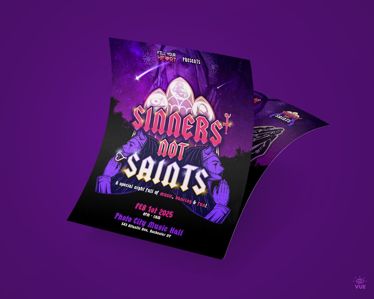 VueDesign's tweet image. Wicked cool custom flyers are availalbe for design. Check out Sinners Not Saints in Rochester NY, this Feb 1st. 👹 #clubflyers #edm #graphicdesign #customgraphics #customflyers #edmflyers #vuedesign