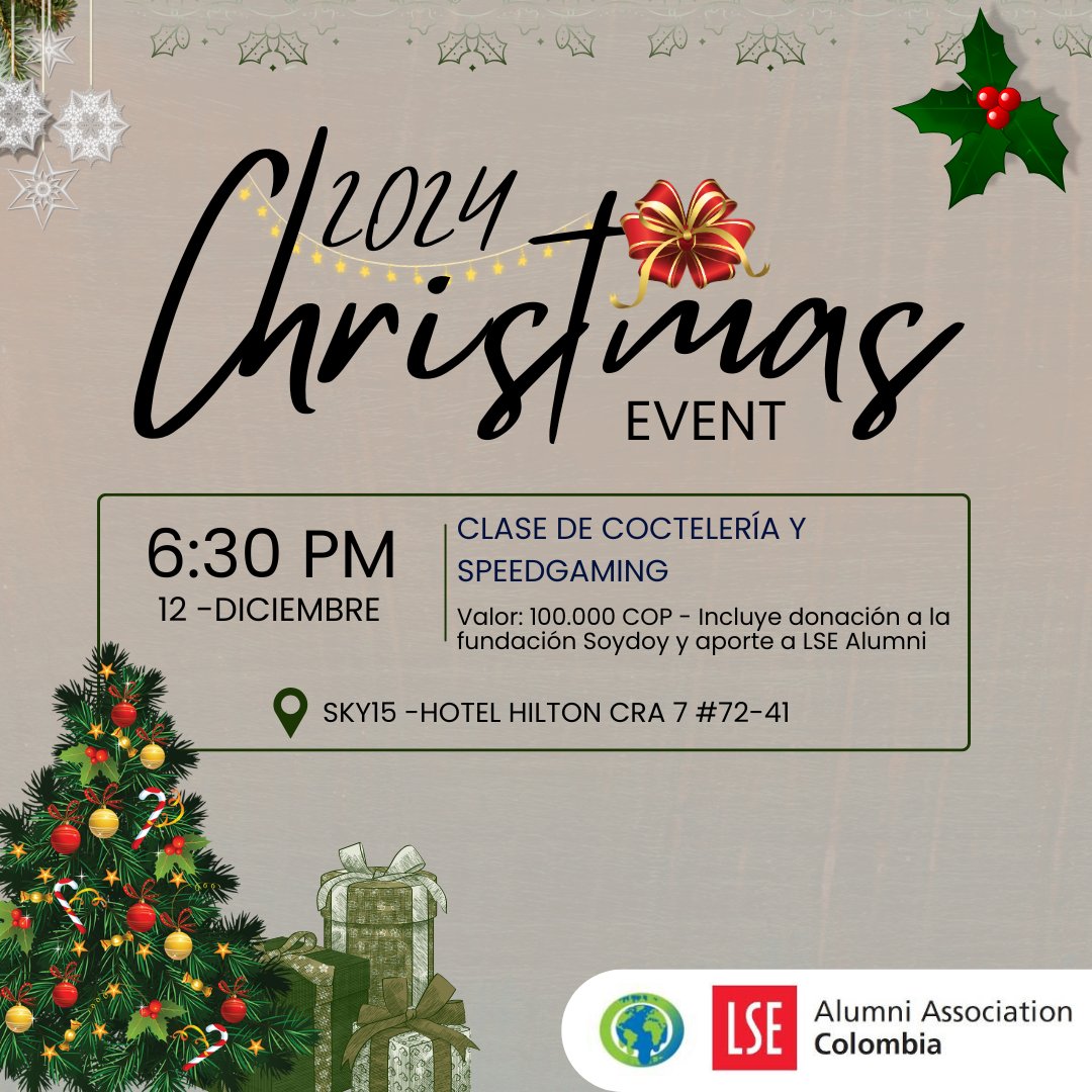 LSEalumniColo's tweet photo. ¡Te esperamos en nuestro evento de navidad! 

Realizaremos una donación a la fundación @Soydoy  y realizaremos una clase de coctelería junto con una sesión de juegos con #meltingplanet.

12 de Diciembre en el Sky 15 Rooftop del Hotel Hilton a las 6:30 pm. https://t.co/8NhLkl85yg