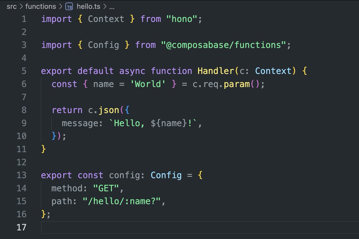 jmolivas's tweet photo. We're finalizing support for Functions in @composabase  🎉.

This update allows users to define endpoints for executing AI workflows or integrating with external services directly.

Here’s a sneak peek at how simple the function definition and signature will be. 👇

Seamless integrations, unlocked. 🚀