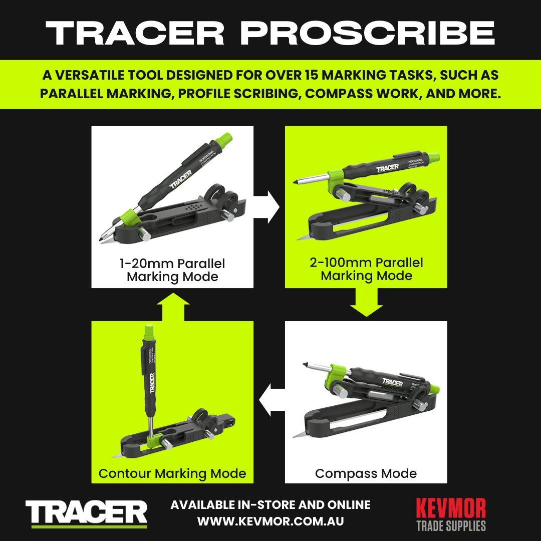 KevmorAustralia's tweet image. Say goodbye to guesswork and hello to perfection! The TRACER ProScribe is your ultimate multi-function marking tool, boasting over 15 applications.

📐 Perfect for flooring, worktop more.

👉 Learn more: kevmor.com.au/miscellaneous/…

#Kevmor #TracerTools #ProScribe #PrecisionTools