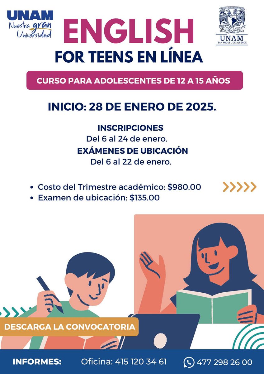 Cursos de Inglés en Línea para Adolescentes 𝐄𝐧𝐠𝐥𝐢𝐬𝐡 𝐟𝐨𝐭 𝐓𝐞𝐞𝐧𝐬!🧑🏻‍🏫🧑‍🤝‍🧑👩🏻‍🏫👭

👉Descarga y conoce todos los detalles: acortar.link/Oku0De

✅Fecha de Inicio: 28 de enero de 2025.

¡No pierdas esta oportunidad de mejorar tus habilidades en inglés!