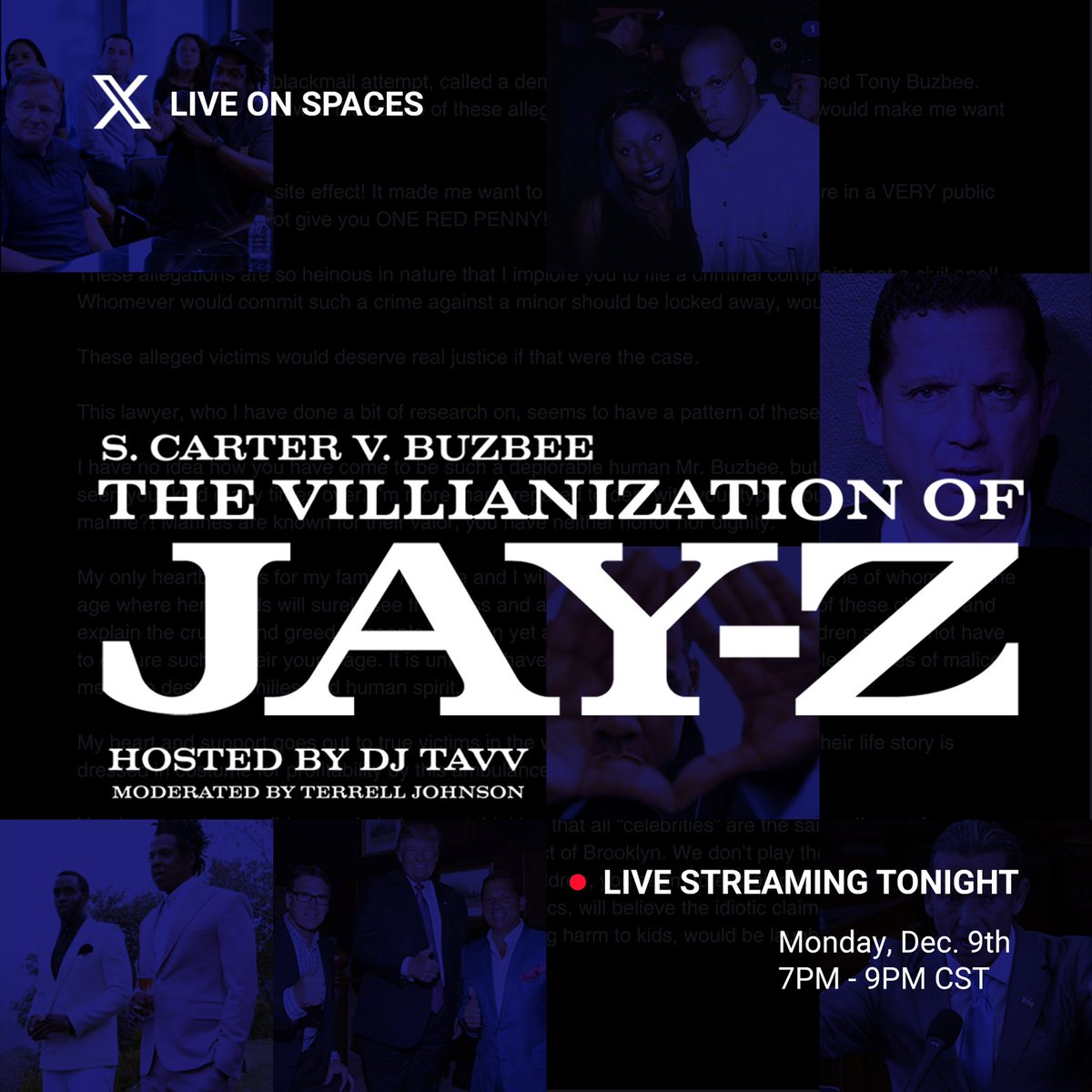 swaggerareus's tweet photo. Join us on X Spaces for a discussion on the latest twist in the case against Sean “Diddy” Combs — now implicating Jay-Z following accusations from conservative attorney Tony Buzbee.

Tonight @ 7PM CST. 

Hosted by @DJTavv
Moderated by @TerrellTJohnson

Link: https://t.co/Gl1fdPpGuf

#JayZvBuzbee #TonyBuzbee #Diddy #JayZ