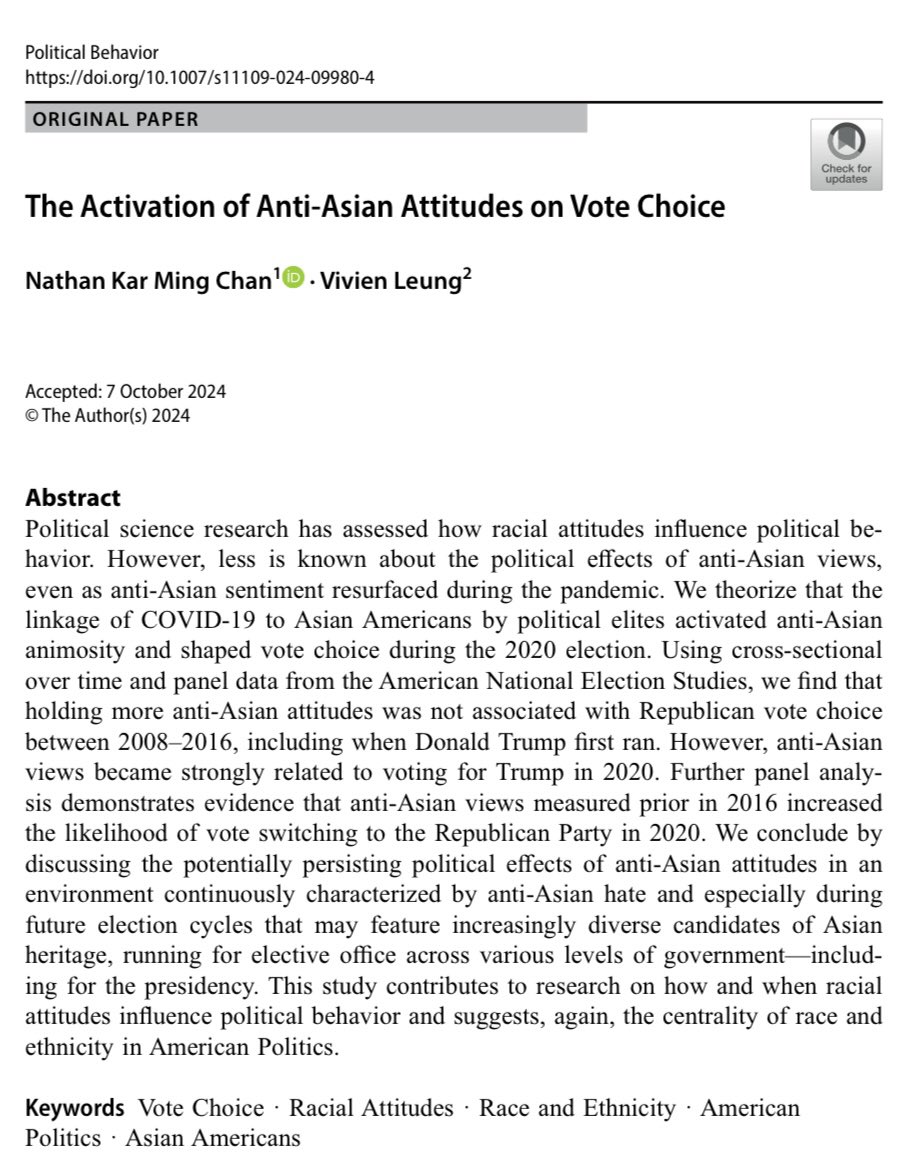 Nathan K. Chan (@chanknathan) on Twitter photo My newest publication w/ <a href="/leungvivien_/">Vivien Leung, PhD 🧧梁綺琳</a> is out in <a href="/PolBehavior/">Political Behavior</a> 📝
“The Activation of Anti-Asian Attitudes on Vote Choice” 
link.springer.com/article/10.100…
🧵 below: My newest publication w/ <a href="/leungvivien_/">Vivien Leung, PhD 🧧梁綺琳</a> is out in <a href="/PolBehavior/">Political Behavior</a> 📝
“The Activation of Anti-Asian Attitudes on Vote Choice” 
link.springer.com/article/10.100…
🧵 below: