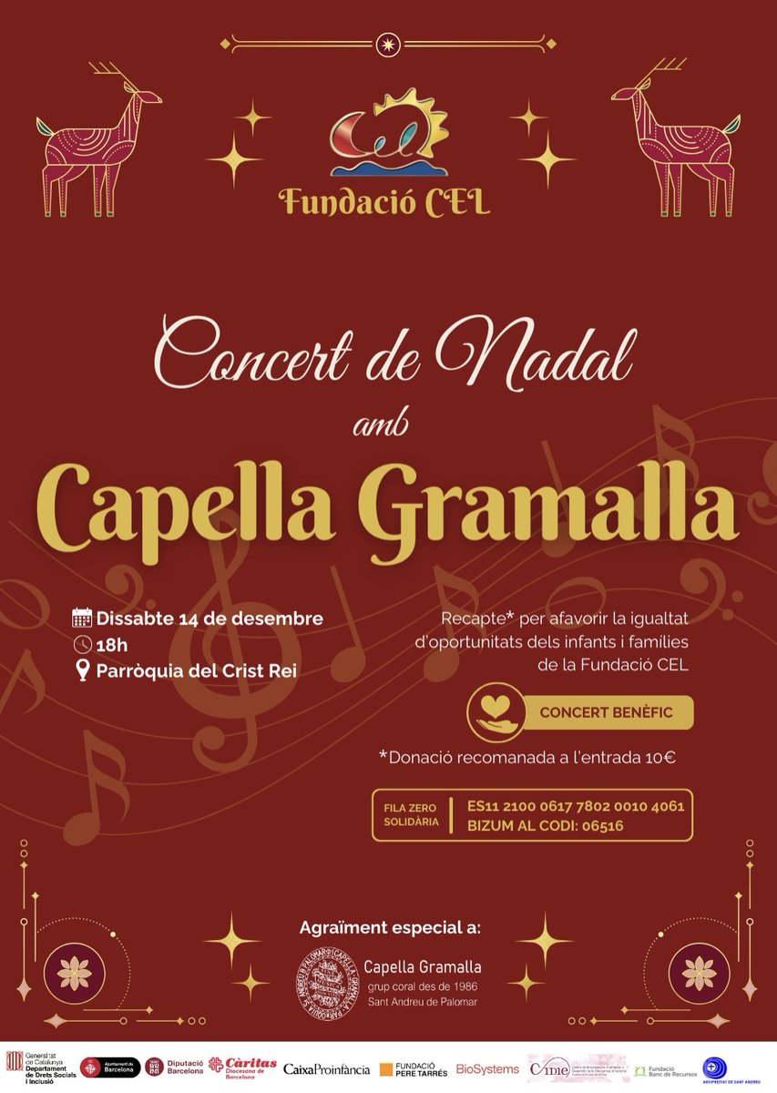 La Capella Gramalla us ofereix tres concerts de Nadal.
El primer a la Sagrera, un concert benèfic per a la Fundació CEL <a href="/CelFundacio/">Fundació CEL</a>, dissabte 14 a les 18h.
