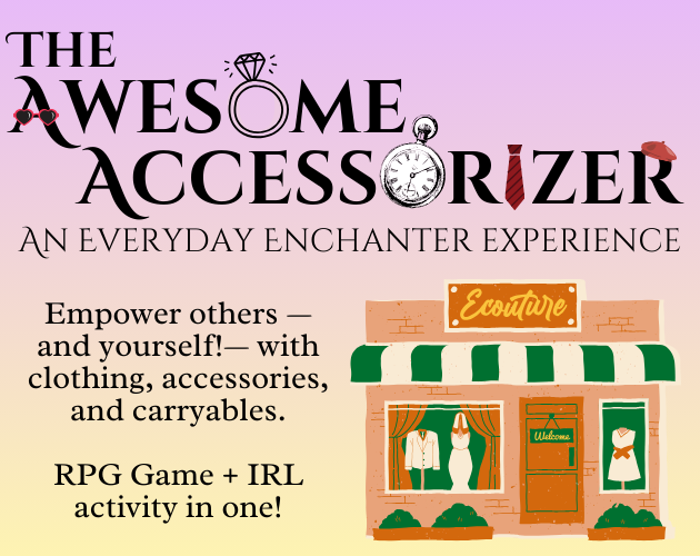 BethMakesGames's tweet photo. The Awesome Accessorizer is all about empowering yourself with what you wear and carry. It's a one-page RPG AND IRL experience! 

Get it &amp; 17 other games and zines by becoming a Gamer for FREE before tomorrow at 3 am. No payment info is required! 

https://t.co/JalljK0Pj9 https://t.co/g8MbFXO6nJ