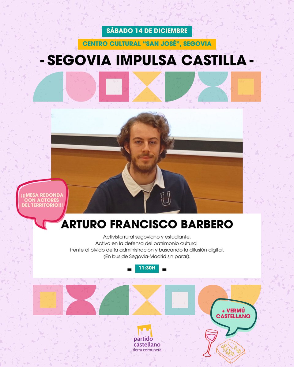 🎙️ Segovia Impulsa Castilla

👉 ¿Quién es Arturo?
Un joven activista rural segoviano comprometido con la defensa del patrimonio cultural y la lucha contra el olvido institucional. Además, busca acercar el patrimonio a través de iniciativas digitales.

🕦 Sábado 14-12 a las 11:30h