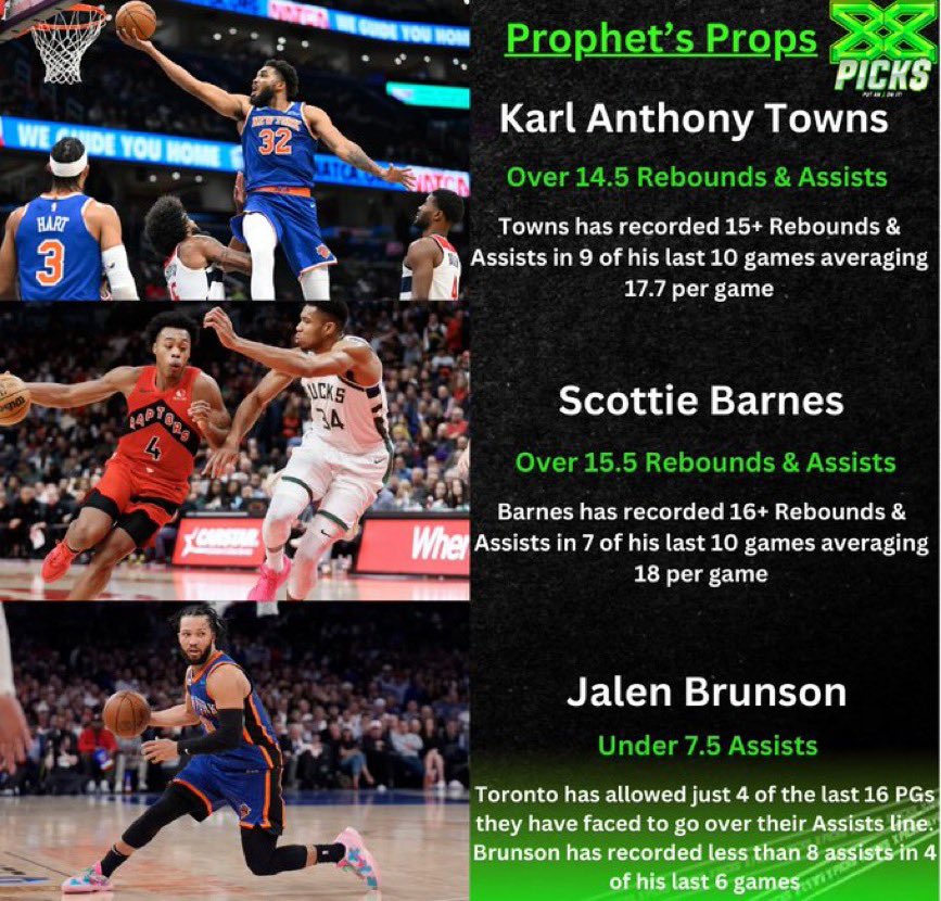 Prophet’s #NBA Prop Card 📝

I’m sending $30 to one follower who likes this post if I sweep tonight 🧹 Must be following @Xpicks24

Karl-Anthony Towns o14.5 Rebounds &amp; Assists

Scottie Barnes o15.5 Rebounds &amp; Assists 

Jalen Brunson u7.5 Assists 

#NewYorkForever #WeTheNorth