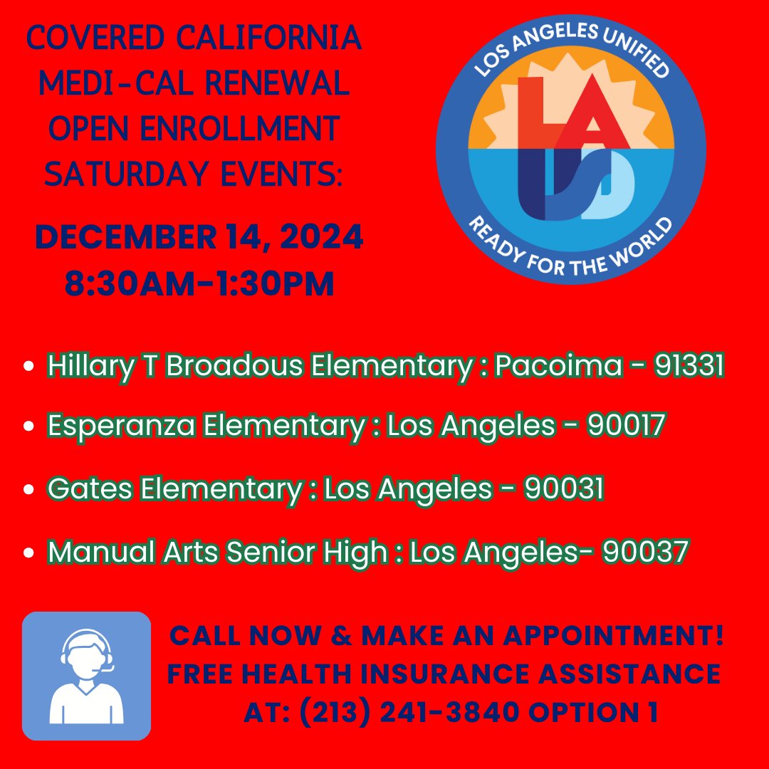LAUSD_CHAMP (@lausd_champ) on Twitter photo Call Now to Book Your Free Health Insurance Assistance Appointment at an LAUSD Location Near You!
Student & Family Wellness Hotline:
(213) 241-3840 option 1
@hillery_t_broadous_elem
<a href="/ralphgatesdli/">Gates Elementary</a>
@manualartshsofficial
<a href="/CoveredCA/">Covered California</a> Call Now to Book Your Free Health Insurance Assistance Appointment at an LAUSD Location Near You!
Student & Family Wellness Hotline:
(213) 241-3840 option 1
@hillery_t_broadous_elem
<a href="/ralphgatesdli/">Gates Elementary</a>
@manualartshsofficial
<a href="/CoveredCA/">Covered California</a>