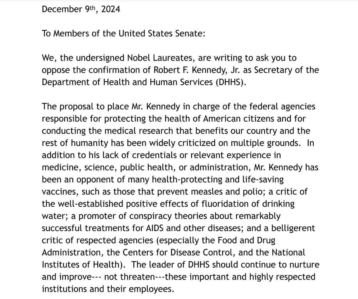 Mitri Sirin (@mitrisirin) on Twitter photo „Es würde die öffentliche Gesundheit gefährden wenn Robert F. Kennedy Jr. 🇺🇸Gesundheitsminister würde“. 75 Nobelpreisträger fordern 🇺🇸Senatoren in einem Brief in <a href="/nytimes/">The New York Times</a> dazu auf den von Trump vorgeschlagenen Kandidaten nicht zu bestätigen. „Es würde die öffentliche Gesundheit gefährden wenn Robert F. Kennedy Jr. 🇺🇸Gesundheitsminister würde“. 75 Nobelpreisträger fordern 🇺🇸Senatoren in einem Brief in <a href="/nytimes/">The New York Times</a> dazu auf den von Trump vorgeschlagenen Kandidaten nicht zu bestätigen.