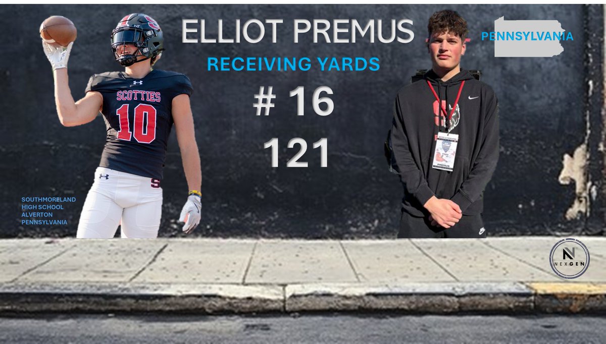 Keith Smilie (@nexgenscouting) on Twitter photo NexGen Top 50 State Stat Leaders:
☑️Pennsylvania
☑️#42 Receiving - 886 Yards
✅2025 Elliott Premus <a href="/epremus10/">Elliot Premus</a>
Southmoreland HS <a href="/SHSFootball4U/">Southmoreland Football</a>
Alverton (PA) NexGen Top 50 State Stat Leaders:
☑️Pennsylvania
☑️#42 Receiving - 886 Yards
✅2025 Elliott Premus <a href="/epremus10/">Elliot Premus</a>
Southmoreland HS <a href="/SHSFootball4U/">Southmoreland Football</a>
Alverton (PA)