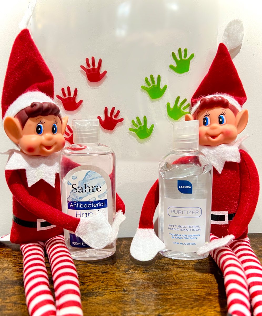 5th day of elfmas!
These two have been caught red (and green handed) painting on the wall. 

Elves you can’t use hand gel to clean your hands if they are visibly dirty! It definately won’t remove paint. 
If there is visible grime on your hands you need to wash with soap and water