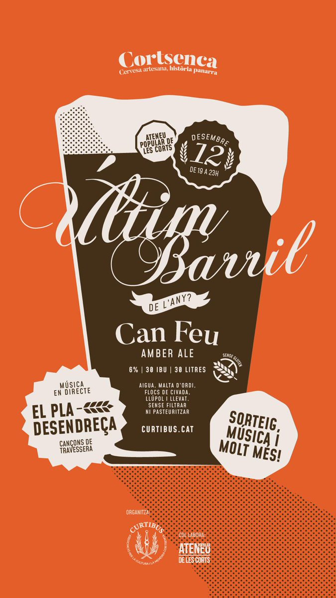 Aquest dijous 12 de desembre punxem l'últim barril de Cervesa Cortsenca Can Feu a l’Ateneu!

🍻 Cervesa, presentació del nou calendari 12 històries cortsenques, concert amb Pla desendreça i moltes coses més!

A partir de les 19h!