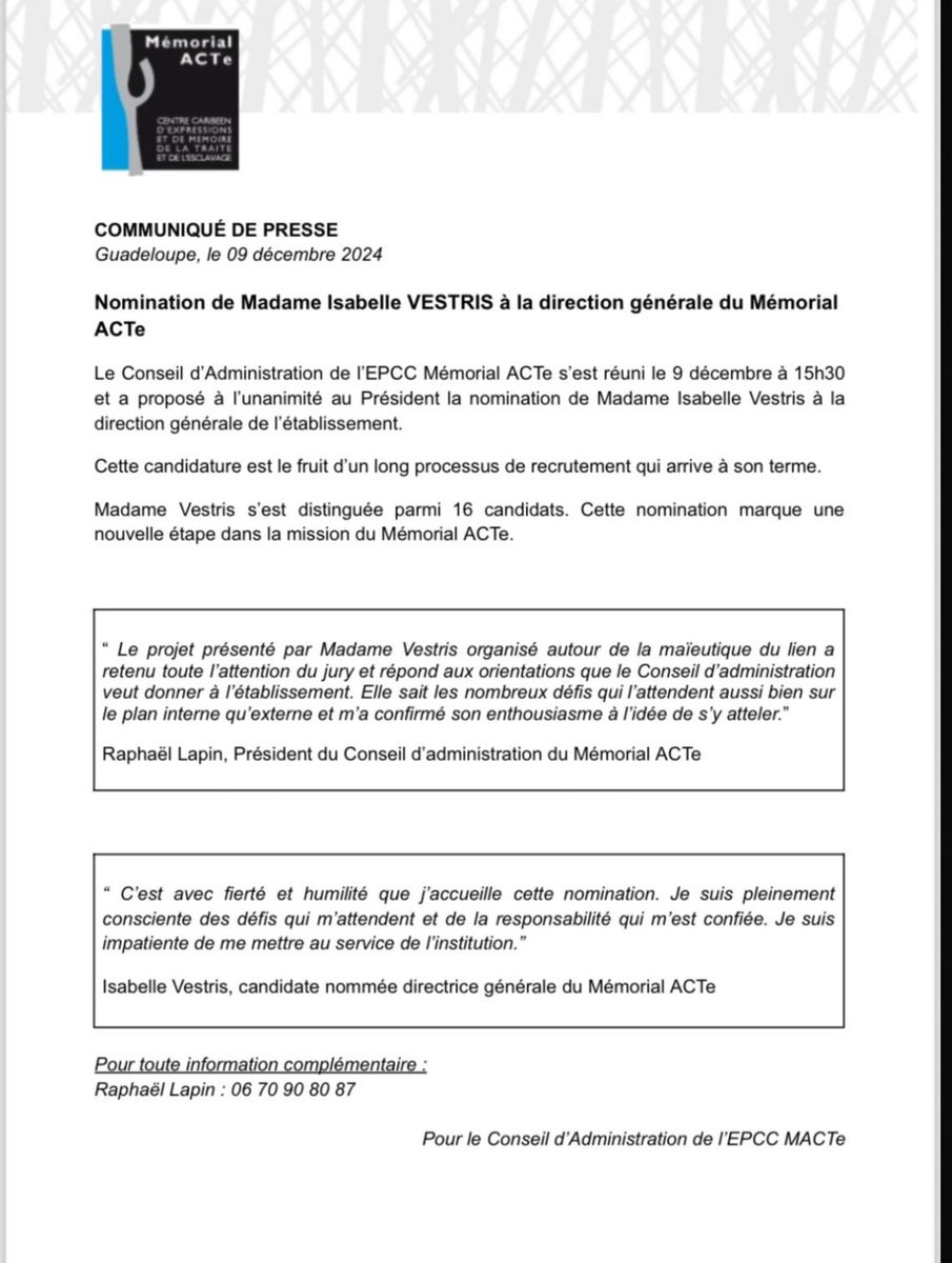 StimpflingEric's tweet photo. #Macte 🟢🟢🟢
Isabelle Vestris confirmée à l’unanimité par le conseil d’administration comme nouvelle Directrice Générale du @memorial_acte.
@guadeloupela1e @CRGuadeloupe https://t.co/o9J3wMcQlW