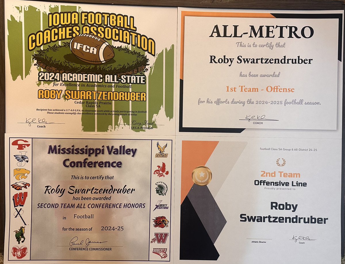 Post Season Awards that I received this year:

- 2024 Academic All-State
- 1st Team All-Metro Offense
- 2nd Team All conference Honors
- 2nd Team All District Class 5A Group 6
