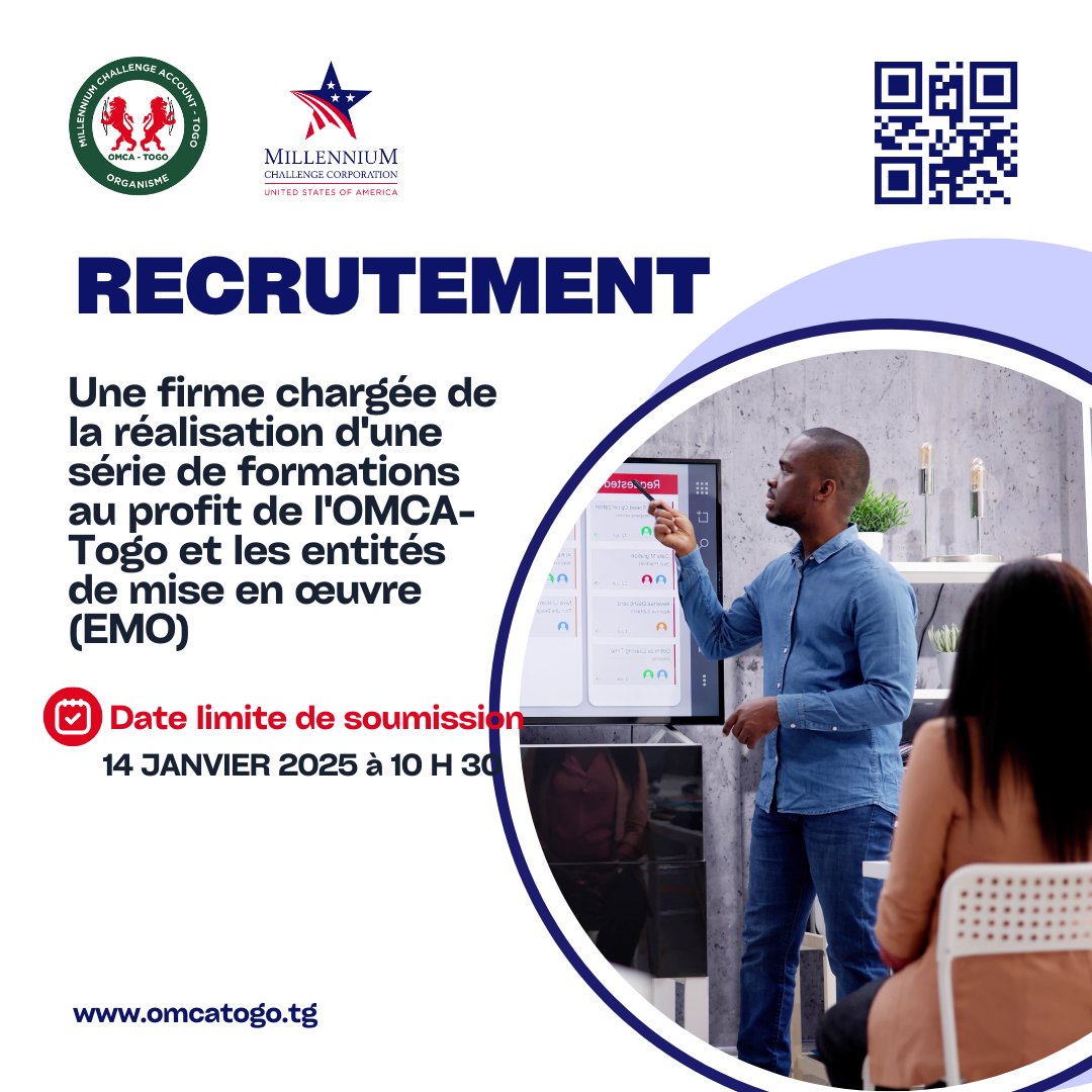 L’ <a href="/OmcaTogo/">OMCA TOGO</a>  lance un appel pour le recrutement d'un #cabinet  qui va assurer une série de #formations à l’endroit de l'OMCA-Togo et des entités de mise en œuvre du programme #Threshold du #Togo 

Cliquez le lien pour découvrir l'offre et postulez :  bit.ly/4iuiuVK