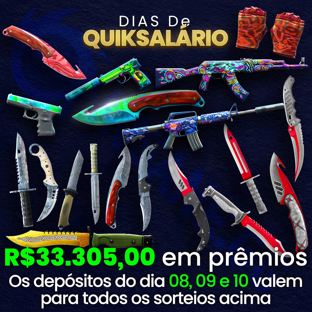 ricardoquik's tweet photo. SORTEIO 33 MIL REAIS EM SKINS DE CS 💰
Nessa terça feira mega sorteio mensal da live com 18 skins!  

Sorteio EXCLUSIVO para quem depositar no MÍNIMO $1 usando o cupom QUIK ou QUIK30 na https://t.co/PDDGEaWKPm

LINK p/ participar:  https://t.co/fBuWmB3LN7 https://t.co/60fuwskvAT