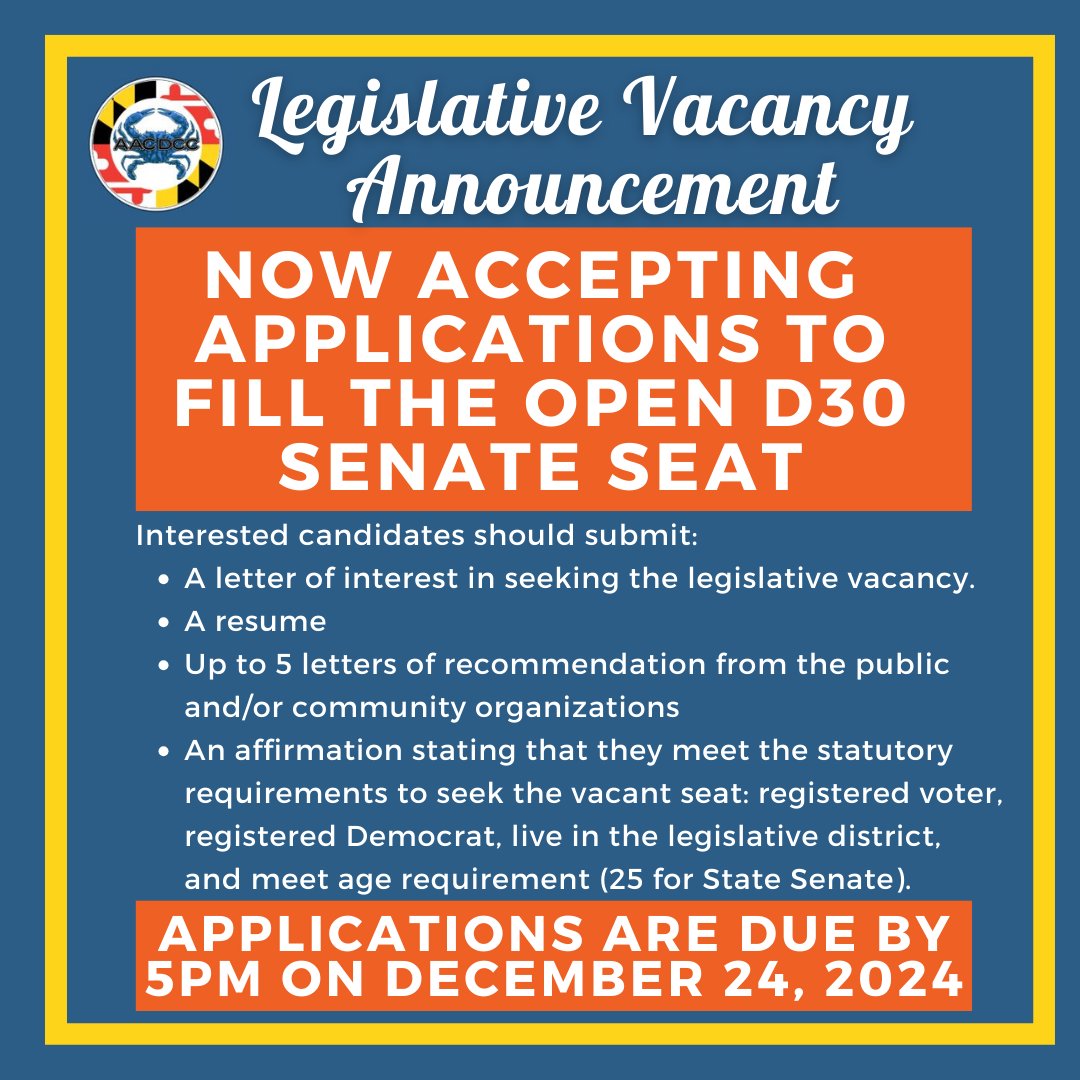 AACDCC's tweet photo. The AACDCC has been notified that MD State Senator Sarah Elfreth will resign effective Jan 2, 2025. To minimize the impact of this vacancy on the residents of District 30, we will provide a recommended nomination to Gov. Moore in a process outlined here: https://t.co/iko8XpxayP https://t.co/wCl3Q6wq5I