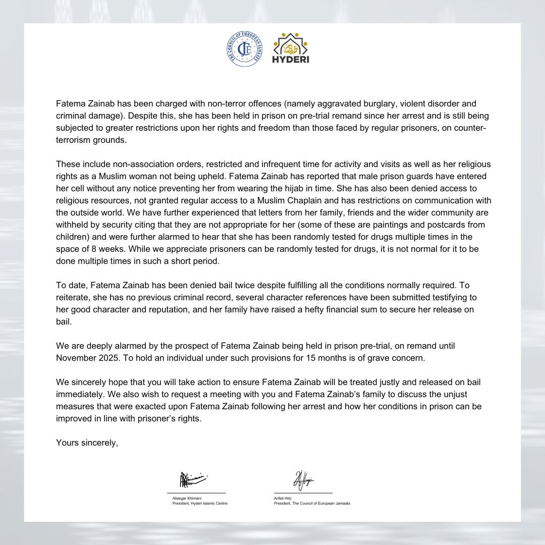 CoEJ's tweet photo. In a letter to the ministry of Justice, CoEJ and @HyderiCentre expressed deep concerns about the treatment of Fatema Zainab Rajwani, a 20-year-old member of our community, currently held on pre-trial remand at HMP Bronzefield.

More info: https://t.co/SY75cU1Ww3 https://t.co/WnSC794ZpL