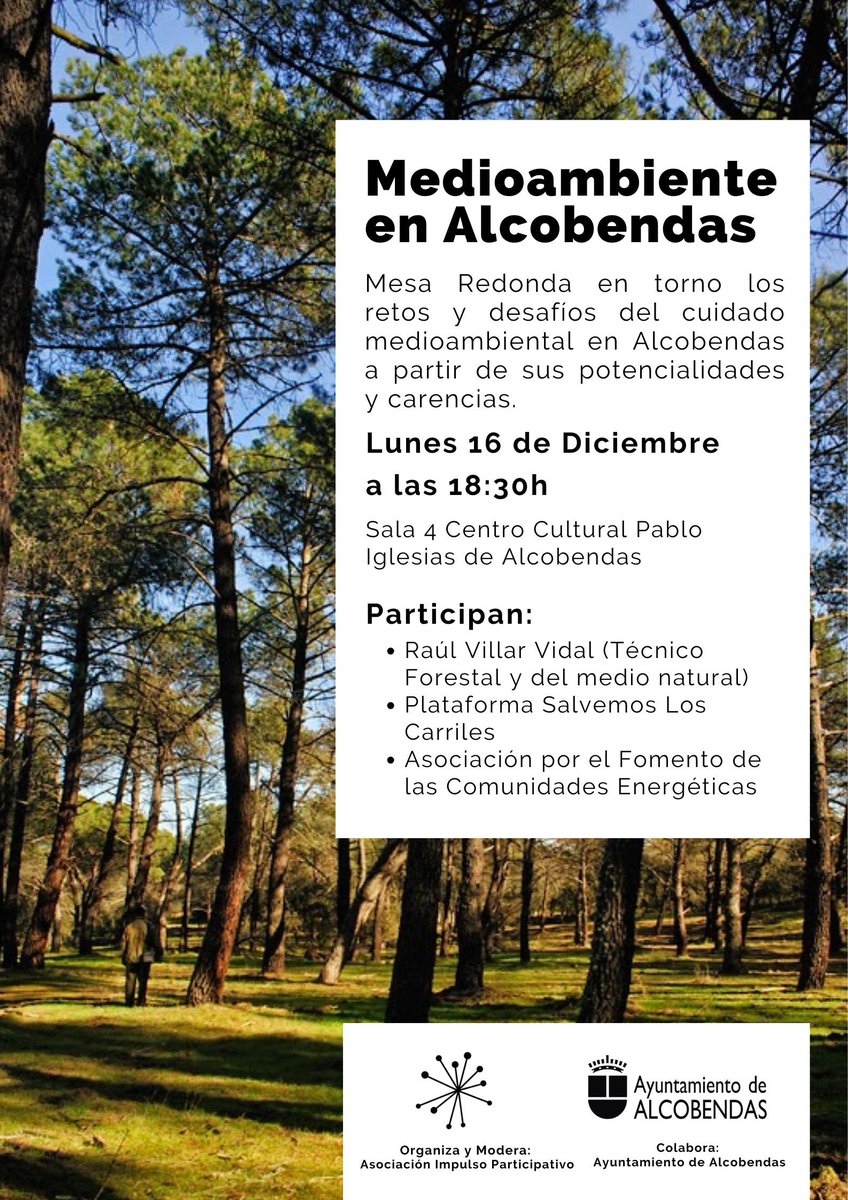 IPalcobendas's tweet photo. 📌 Os invitamos a asistir a la Mesa Redonda sobre "Medioambiente en Alcobendas", donde serán ponentes  diferentes personalidades y entidades conocedoras de la temática 

🗓  Lunes 16 de Diciembre a las 18:30h en la Sala 4 del Centro Cultural Pablo Iglesias de Alcobendas https://t.co/qWVr5KfXM2