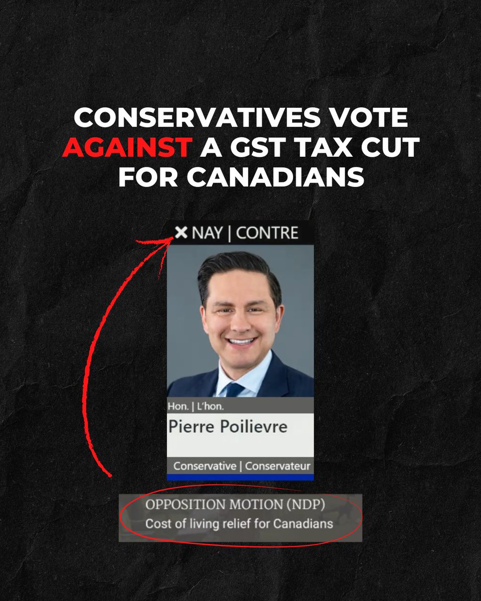 #BREAKING

Liberals and Conservatives just voted NO to a Permanent GST Tax Cut on Essentials like:

- Home Heating,
- Internet and Cellphone Bills, and
- Diapers

Pierre Poilievre voted to MAX THE TAX on your monthly bills.