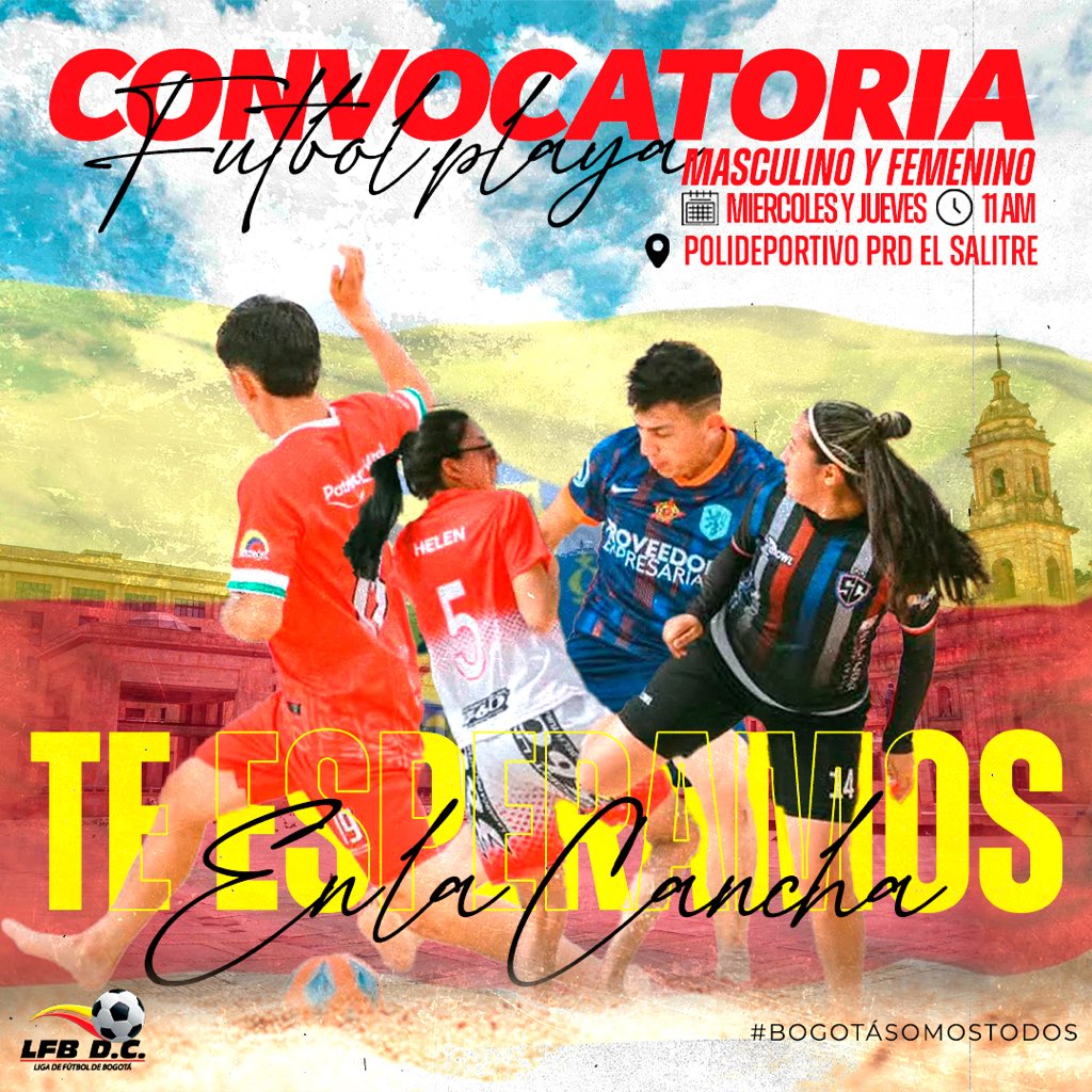 𝑪𝒐𝒏𝒗𝒐𝒄𝒂𝒕𝒐𝒓𝒊𝒂 𝑨𝒃𝒊𝒆𝒓𝒕𝒂.👏🏻👊🏻💯
Fútbol playa masculino y femenino. 

🗓️ Miércoles y Jueves 
⌚️ 11:00 Am 
📍 PRD - Polideportivo el salitre 

¡Te esperamos en la cancha! 

#𝓑𝓸𝓰𝓸𝓽á𝓢𝓸𝓶𝓸𝓼𝓣𝓸𝓭𝓸𝓼 💛❤️
