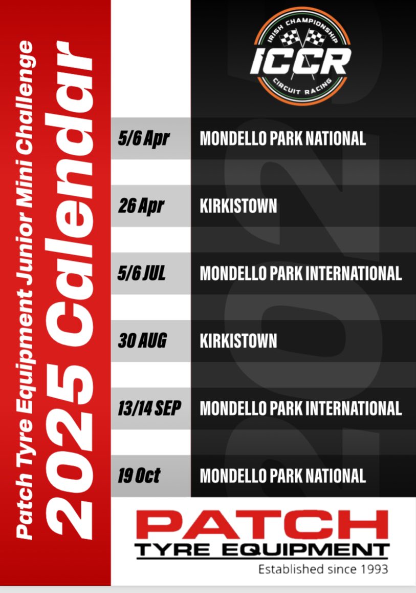 Leo Nulty (@topofthetower) on Twitter photo 2025 #PatchTyreEquipment Junior MINI Challenge calendar. 2025 #PatchTyreEquipment Junior MINI Challenge calendar.