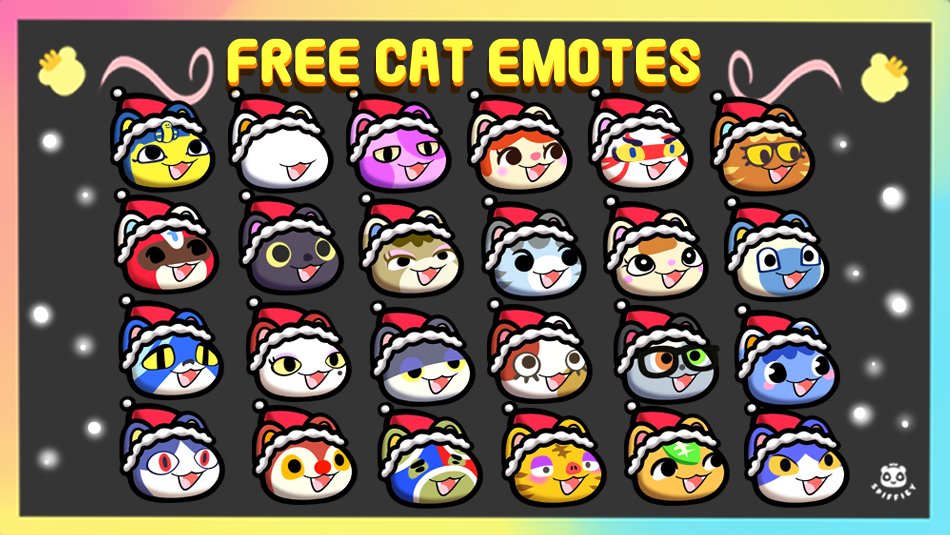 Spiffieyy's tweet photo. 😺FREE HOLIDAY CAT EMOTES😺
You know I had to redo the terrible AI emote Twitch put out as the #AnimalCrossing Cats.

These are free to use by anyone! Please credit/attribute me if you use any. ☃️ 

Download here: https://t.co/YR41xx3Vbe https://t.co/h9eEMlceZ4
