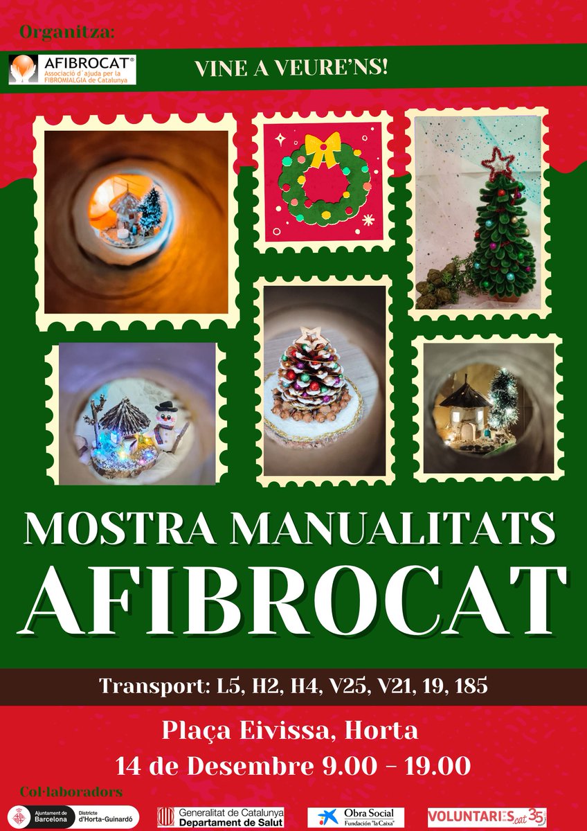 ✨🎄No et perdis la mostra de manualitats d’AFIBROCAT!✨🎄
Vine a la nostra paradeta i gaudeix d’una jornada plena d’il•lusió i esperit nadalenc!🌟
📍Plaça Eivissa, Horta
📆 14 Desembre | ⏰ 9.00-19.00
🧡Fem un nadal més inclusiu i solidari!
#afibrocat #fibromialgia #nadal