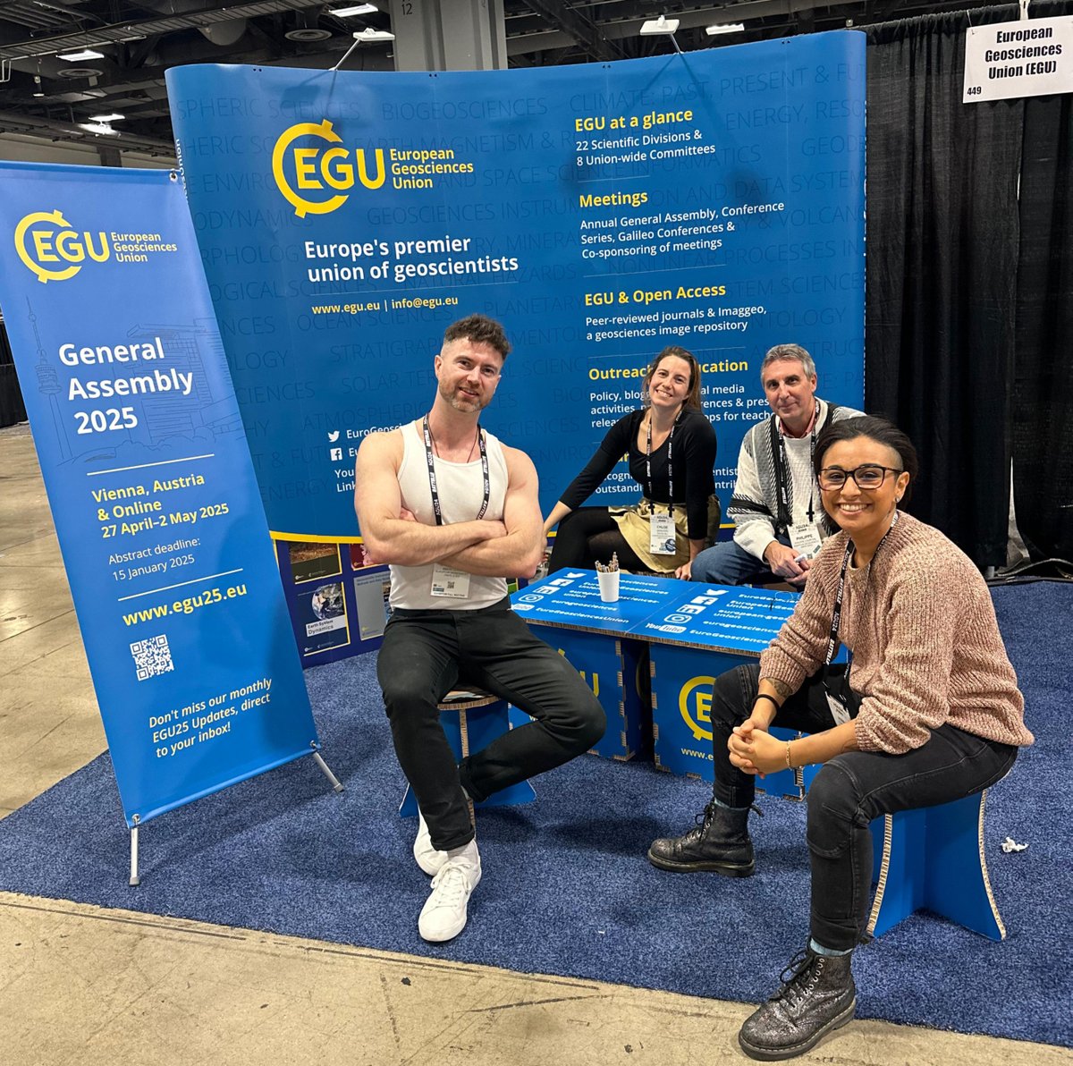 Are you attending #AGU24 in Washington DC this week? Why not drop by the EGU booth and ask Philippe, Simon, Asmae or Chloe about our 100% #openaccess Publications, our Creative Common's image repository #imaggeo and the EGU General Assembly, #EGU25, in spring next year!