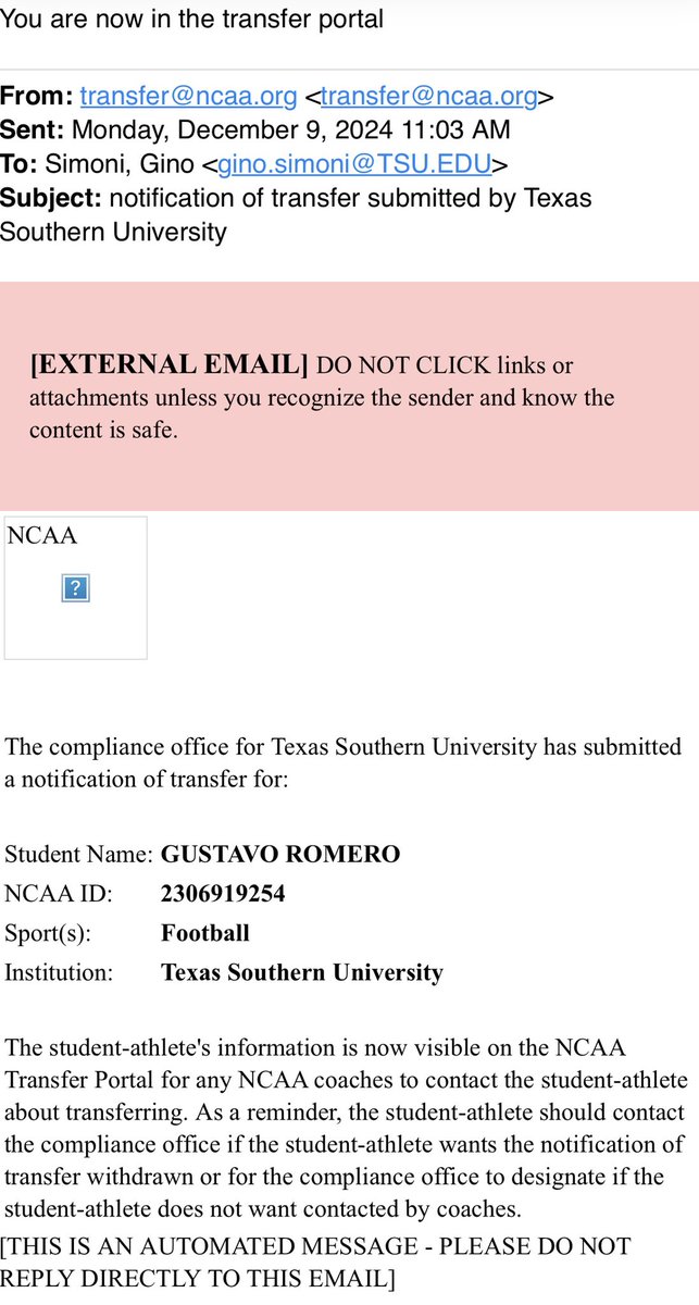 After careful thought and consideration. I will be putting my name into the transfer portal with 2 years of eligibility. Huge thank you to the TSU staff for allowing me to be apart of their program. 
Onto the next chapter…
