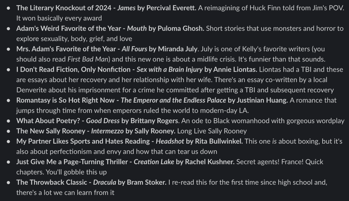 I send my day job book lists via Slack. Here's the End of 2024 list, ft. <a href="/pulomeow/">puloma</a> @aliontas <a href="/brittanyroger_/">Brittany Rogers (she/her)</a> <a href="/RitaBullwinkel/">Rita Bullwinkel</a> and Bram Stoker