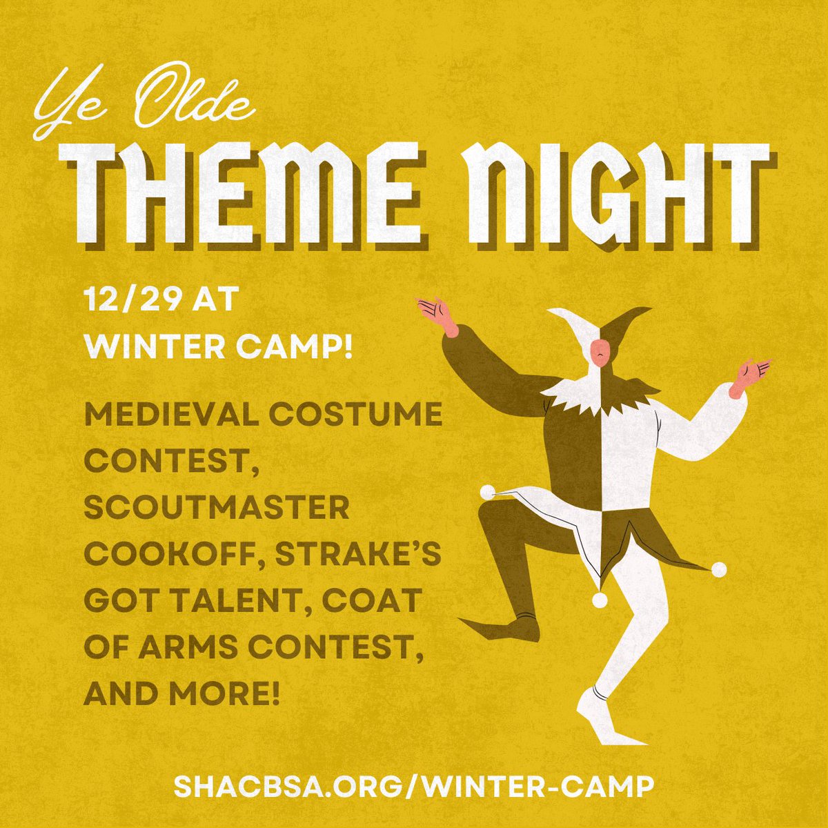 HEAR YE HEAR YE! 📯 For all attending Winter Camp, we will be having a THEME NIGHT, and YOU are invited to participate! Wear a costume, cook a dish, and participate in all the fun we have to offer at Ye Olde Winter Camp! 🏕️ #wintercamp #samhoustonbsa #scoutmein
