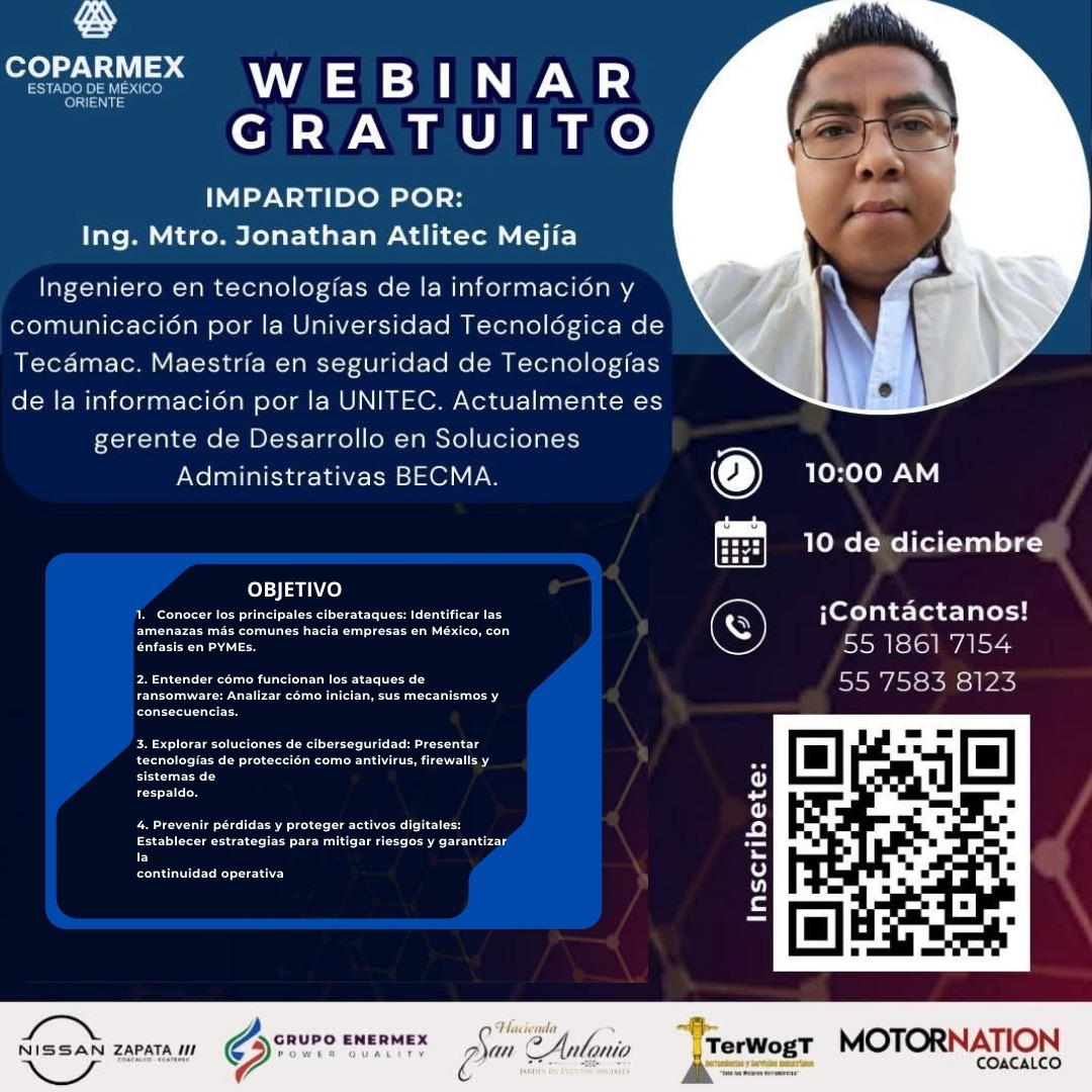 🔹 𝗘𝘀𝘁𝗶𝗺𝗮𝗱𝗮 𝗰𝗼𝗺𝘂𝗻𝗶𝗱𝗮𝗱 𝘆 𝘀𝗼𝗰𝗶𝗼𝘀 𝗱𝗲 𝗖𝗢𝗣𝗔𝗥𝗠𝗘𝗫 𝗘𝘀𝘁𝗮𝗱𝗼 𝗱𝗲 𝗠𝗲́𝘅𝗶𝗰𝗼 𝗢𝗿𝗶𝗲𝗻𝘁𝗲 🔹

Protege tu mundo digital

 ¡Únete a nuestro webinar gratuito titulado "Ciberseguridad 
👉forms.gle/exr5r4Rm86MTFZ…
#Ciberseguridad 
#WebinarGratuito