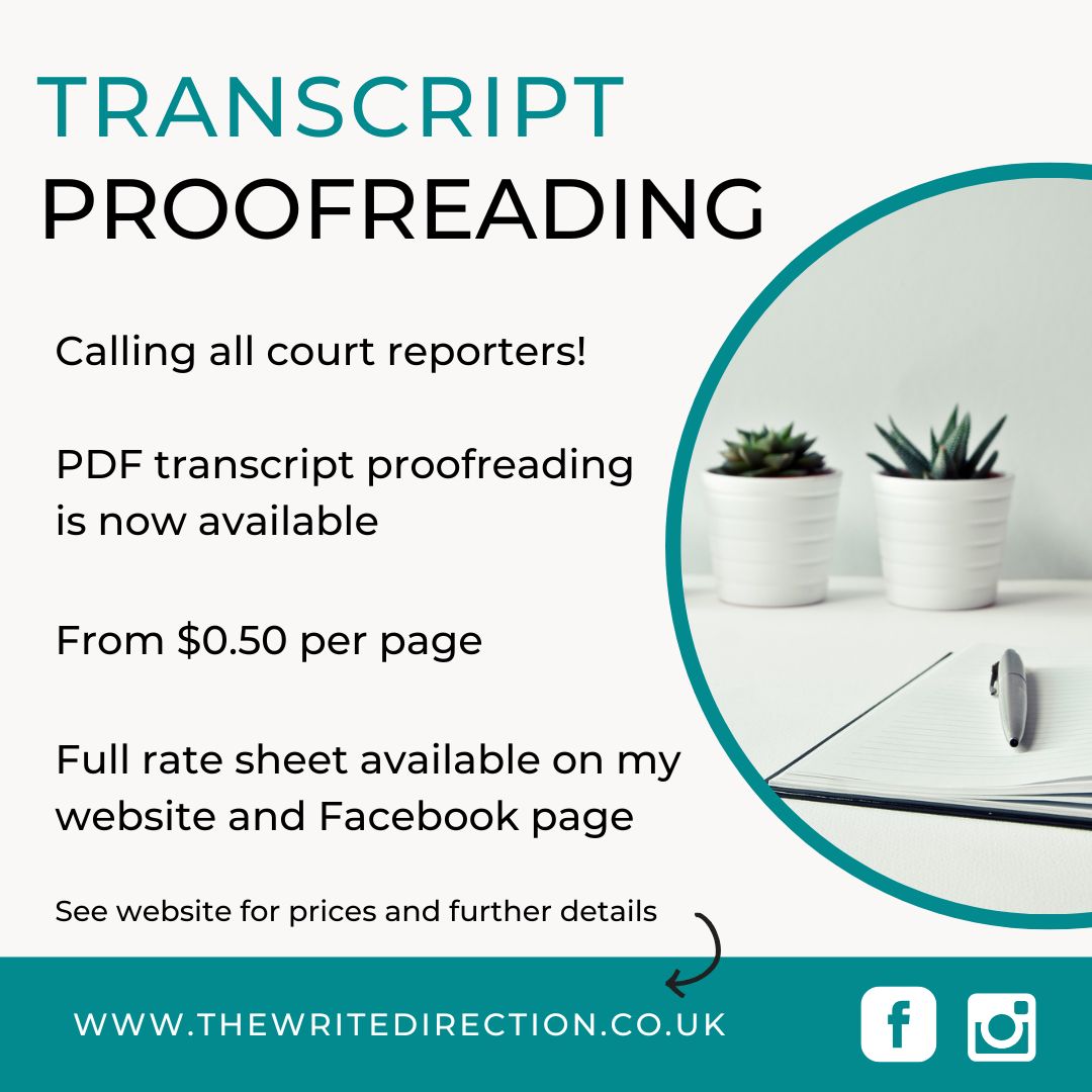 _WriteDirection's tweet image. 📢 Hey, court reporters! 

I'm now offering PDF transcript proofreading services.

Find out more: thewritedirection.co.uk/services/trans…