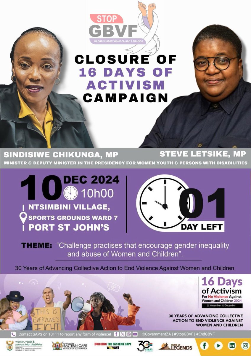 DWYPD_ZA's tweet photo. Minister @SindiChikunga and Deputy Minister @msletsike will join the Eastern Cape community for the National Closure of  #16DaysOfActivism2024  Campaign at Ntsimbini Sports Grounds, Ward 7, Port St John’s. 
#EndGBVF #16DaysOfActivism #365DaysOfAction https://t.co/OhLNsxY6H2