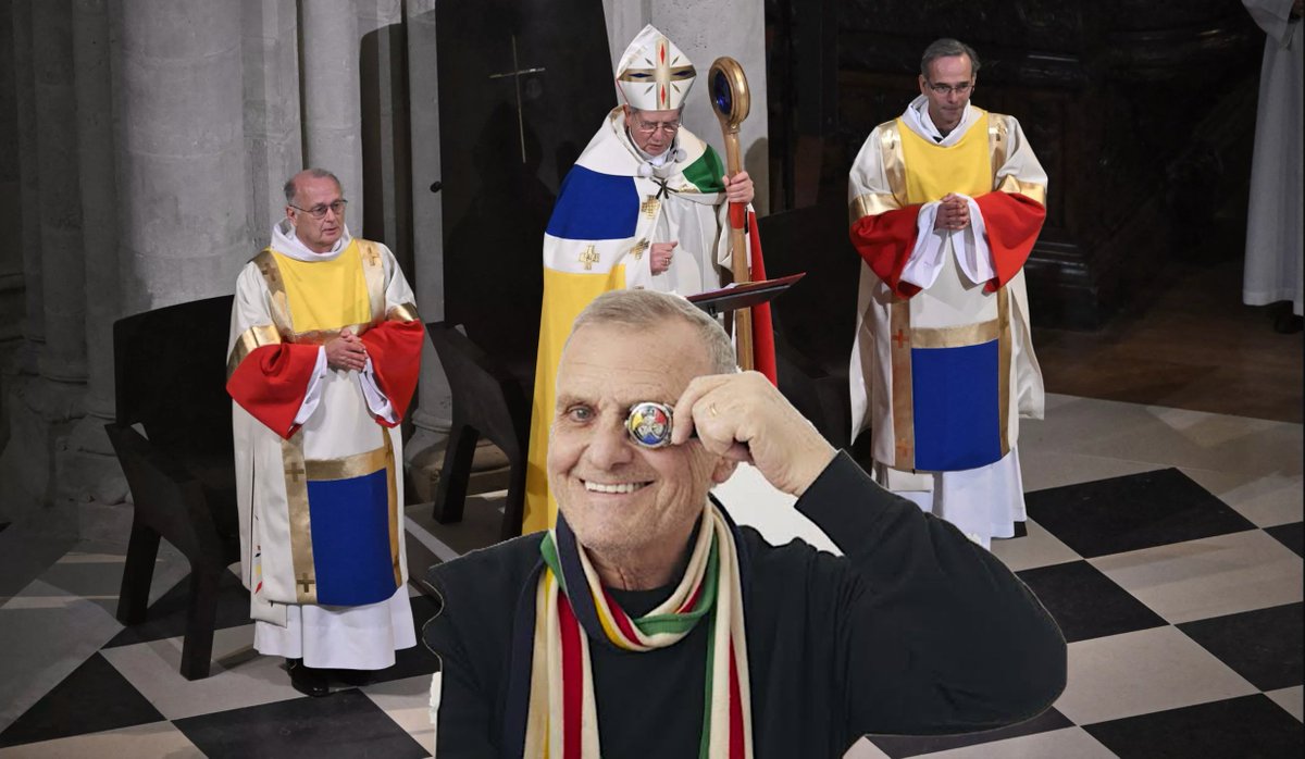 #NotreDame 
Jean-Charles de Castelbajac (qu'on voit ici en train de se masquer un œil) n'a pas pu s'empêcher de représenter symboliquement les tabliers maçonniques dans ses tenues de clowns : ici en bleu sur les deux frères truelles de chaque côté...
ça saute aux yeux 👁👁