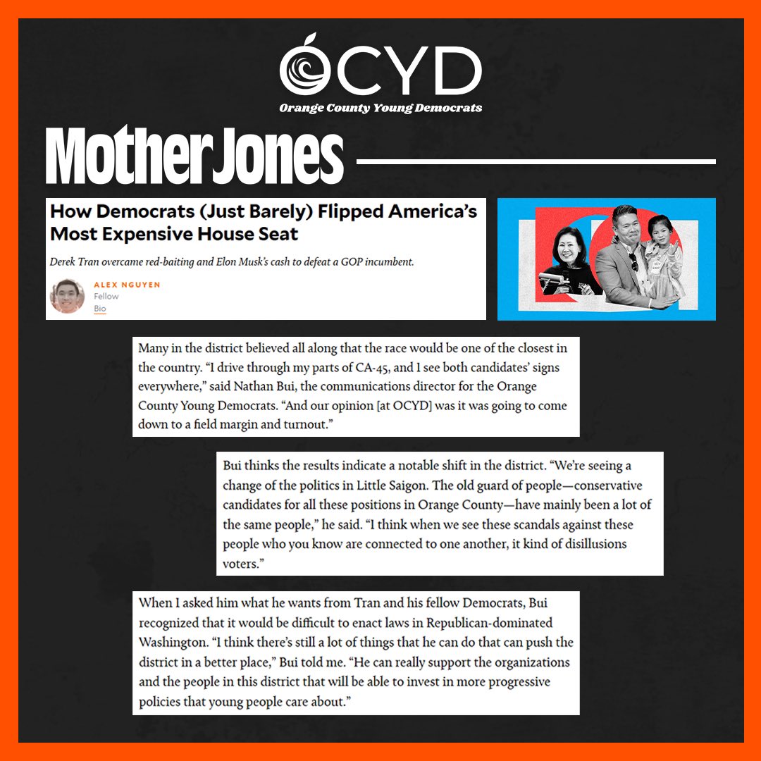 NathanBuiOC's tweet photo. Proud to speak on behalf of @OCYD on @MotherJones! CA-45 was the most expensive race this cycle, and Derek Tran’s victory proves the district is ready for leaders focused on working families and honest governance. Let’s continue building power in CA-45 to keep the seat blue! https://t.co/K2DmAGVIN2