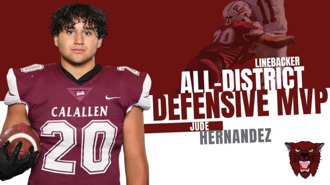 Honored to have been picked as the District Defensive MVP and put on the All District 1st Team Offense as a running back (Unanimous).  <a href="/coachcreeve/">Charlie Reeve</a> <a href="/RecruitCalallen/">Calallen Wildcats Recruiting</a> <a href="/the_CoachTC/">Coach Collins</a> <a href="/CoachKyleBeyer/">Kyle Beyer</a> <a href="/CoachjjClark/">J.J. Clark</a> <a href="/COACHKDJR/">Koy Detmer Jr.</a> <a href="/CoachAI/">Aaron Ingram 🏈</a> <a href="/EAgbaroji/">EA!</a>