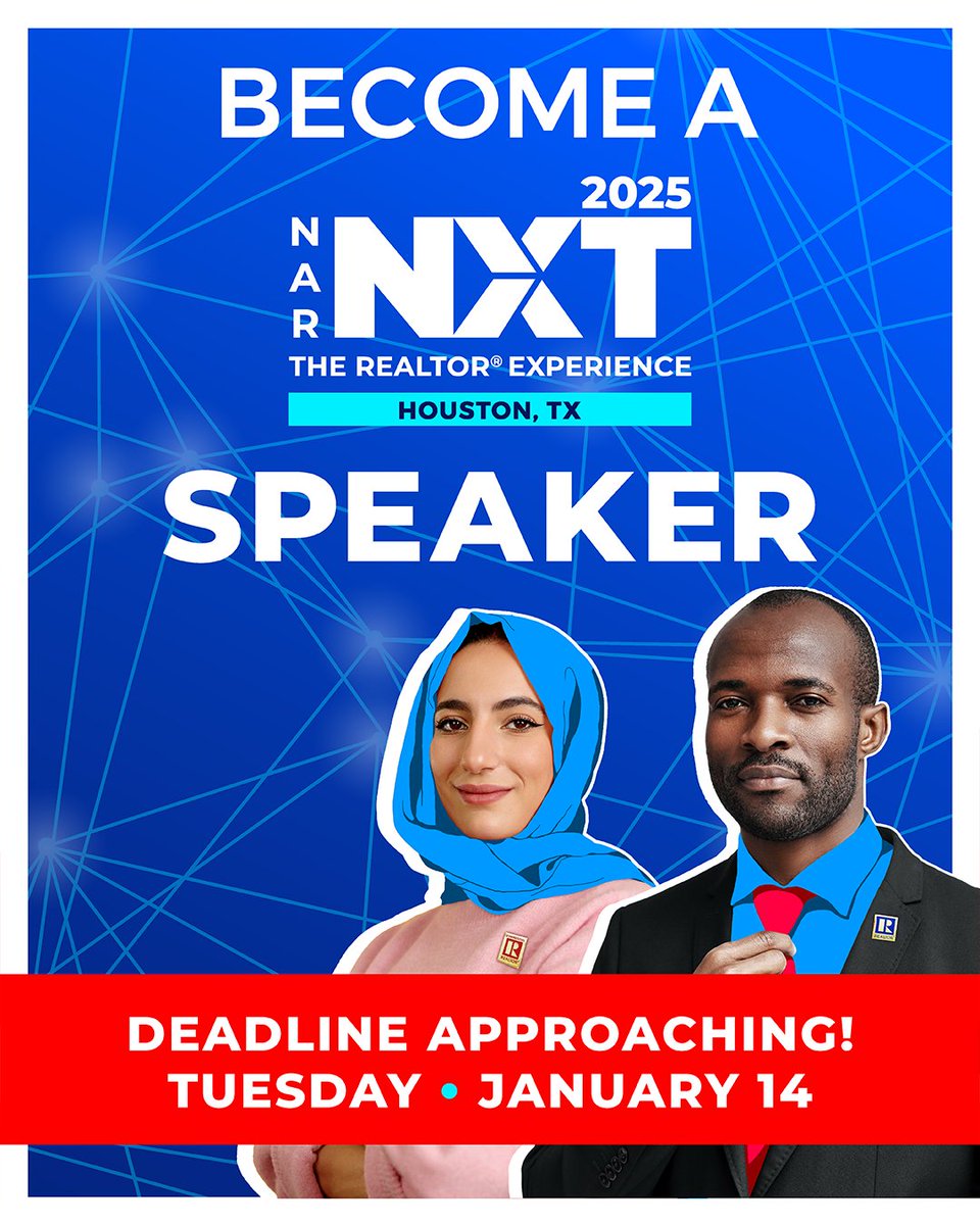 Complete a speaker proposal for 2025 NAR NXT. Take the stage at the industry’s premier event to share insights on trending real estate issues. The deadline is Jan. 14, 2025. For expert advice on completing your proposal, please join NXT UP! on Dec. 12. bit.ly/3VoOu3N