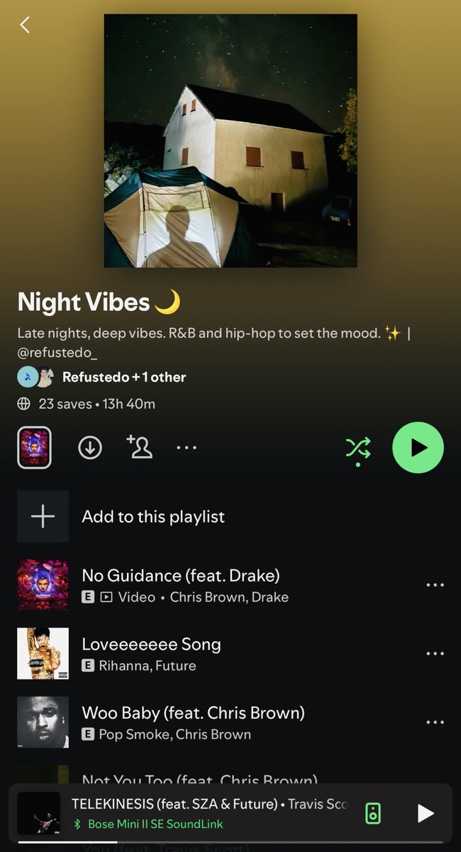 Adding tracks to your playlist 🐦‍🔥 - Day 1️⃣

TAP here 👀: open.spotify.com/playlist/7tQEW…

#hiphop #rnb #nightvibes #spotifyplaylist #TravisScott #SZA #future
