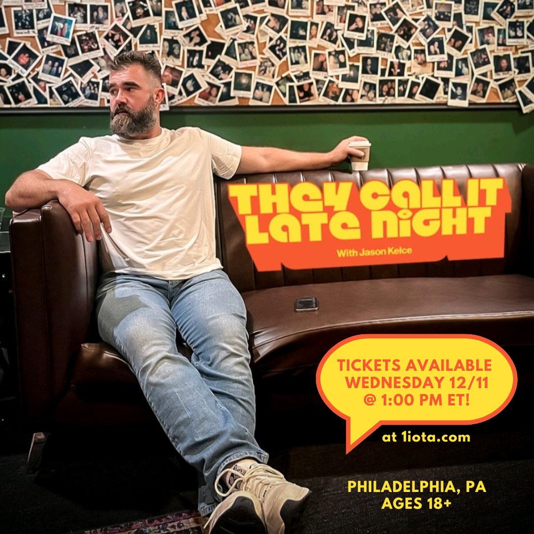 1iota's tweet photo. The wait is almost over! Just 4 weeks until 'They Call It Late Night with Jason Kelce' premieres! Ticket requests open this Wednesday (12/11) at 1:00 PM ET—only at https://t.co/qG7yulrYMj. Learn more: https://t.co/Kiik4Eh2Pn

#JasonKelce #TheyCallItLateNight https://t.co/mffud5HOUu
