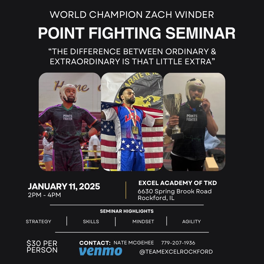 realzachwinder's tweet image. 1.11.25 I’ll be giving game in Rockford, IL 📍 

Secure your spots now 

#pointfighting #kickboxing #mma