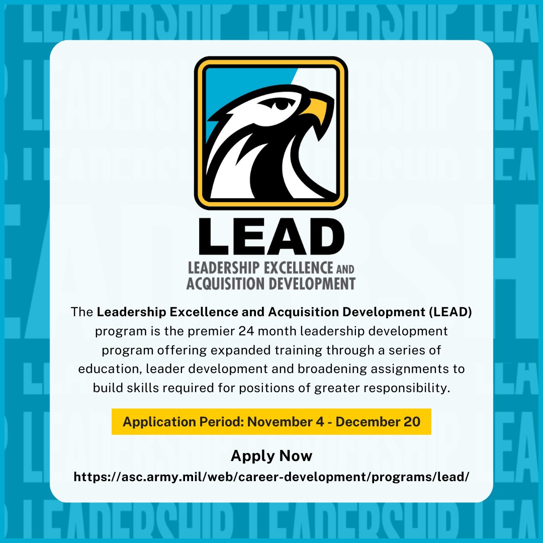 USAASC's tweet image. The deadline to apply to the Leadership Excellence and Acquisition Development program is approaching - December 20th!🚨 Explore the program's career growth offerings and apply today!🌱!: asc.army.mil/web/career-dev… 🔗

#LEADProgram #CareerGrowth #Leadership #ProfessionalDevelopment