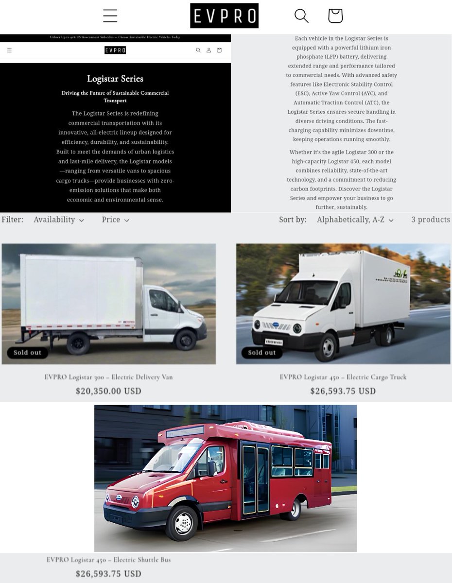 _X_Alex_'s tweet photo. Cenntro products listed on #EVPRO
🌐 https://t.co/xZ6TudN7EB
Cenntro #Logistar 300 - #LS300
Electric Delivery Van
Logistar 450 - #LS450
Electric Cargo Truck - #LS450CT
Logistar 450 - LS450
Electric Shuttle Bus - #LS450BUS
#EV #ElectricVehicles
#CENN #CENNTRO - $CENN
With 90% Government
Subsidy Available
About EVPRO
Welcome to EVPRO – Driving the
Future of Sustainable Transportation
At EVPRO, we believe that the road
to a better tomorrow starts with
the choices we make today. We are
committed to revolutionizing the
commercial vehicle industry by
providing high-quality, zero-emission
electric vehicles designed to meet
the demands while contributing to
a cleaner, greener planet.
Powering a Sustainable Future
with Electric Innovation
At EVPRO, we envision a world where
clean, zero-emission transportation
drives sustainable progress.
Specializing in electric vehicles
tailored for commercial and urban
applications—including electric
motorcycles, tricycles, and more
EVPRO empowers businesses to
embrace a greener future effortlessly.
With government incentives and
advanced technology, our vehicles
deliver high performance and
unmatched safety, reflecting our
commitment to environmental
stewardship and innovation.
Transforming Transportation
for Smart XCITY
We believe in smart, connected
transportation that seamlessly
integrates into the urban landscape
of future cities. EVPRO’s electric
vehicles not only reduce carbon
footprints but also align with
scalable, future-ready solutions
designed for urban mobility. Join us
on this journey as we reshape
transportation for a cleaner, smarter
tomorrow, one ride at a time.
EVPRO’s Commercial Electric
Vehicle Series
Our commercial electric vehicle
series is engineered with
functionality, efficiency, and
sustainability in mind. From city
deliveries to public transportation,
EVPRO’s vehicles create a green
ecosystem that supports the evolving
needs of modern cities and
businesses, paving the way for a
sustainable urban future.
Logistar Series
Driving the Future of Sustainable
Commercial Transport
The Logistar Series is redefining
commercial transportation with its
innovative, all-electric lineup
designed for efficiency, durability,
and sustainability. Built to meet the
demands of urban logistics and
last-mile delivery, the Logistar
models—ranging from versatile vans
to spacious cargo trucks—provide
businesses with zero-emission
solutions that make both economic
and environmental sense.
Each vehicle in the Logistar Series is
equipped with a powerful lithium iron
phosphate (LFP) battery, delivering
extended range and performance
tailored to commercial needs. With
advanced safety features like
Electronic Stability Control (ESC),
Active Yaw Control (AYC), and
Automatic Traction Control (ATC), the
Logistar Series ensures secure
handling in diverse driving
conditions. The fast-charging
capability minimizes downtime,
keeping operations running smoothly.
Whether it's the agile Logistar 300 or
the high-capacity Logistar 450, each
model combines reliability,
state-of-the-art technology, and a
commitment to reducing carbon
footprints. Discover the Logistar
Series and empower your business
to go further, sustainably.