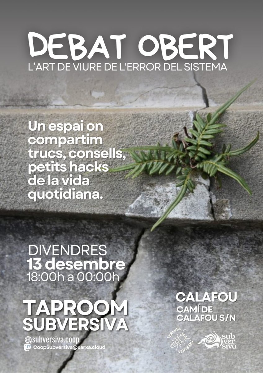 subversivacoop's tweet photo. 🔹Taproom Subversiva 🔹
Aquest divendres
DEBAT OBERT
⏰ 20h  L’ART DE VIURE DE L'ERROR DEL SISTEMA.

Un espai on compartim trucs, consells, petits hacks de la vida quotidiana.

I com sempre bones 🍻, empanada i pizzes casolanes 😋 🧆 🍕i moltes més coses.

🕐 18h a 00h
🏡 Calafou https://t.co/F5izuSbnN7