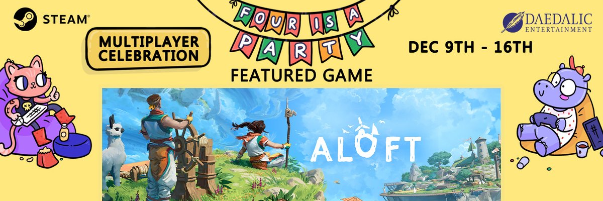 Aloft_Game's tweet photo. Sky Sailors! 👋 

Aloft joins #fourisaparty on Steam where we are celebrating multiplayer games and co-op fun! ✨ 

While we are still cooking Aloft, you can check out our demo which supports up to 8 people, and have a great time with your friends. 💙 

https://t.co/RnWOuwhrOU https://t.co/b2RttlkCiT