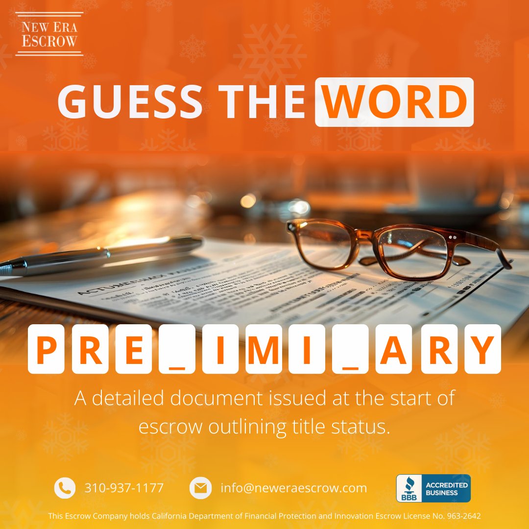 neweraescrow_'s tweet image. What’s the 9-letter document that reveals a property's title status at the start of escrow?

Can you guess it&amp;gt; 🤔🔑 

#KnowYourEscrow #RealEstateAnswers #PropertyInsight