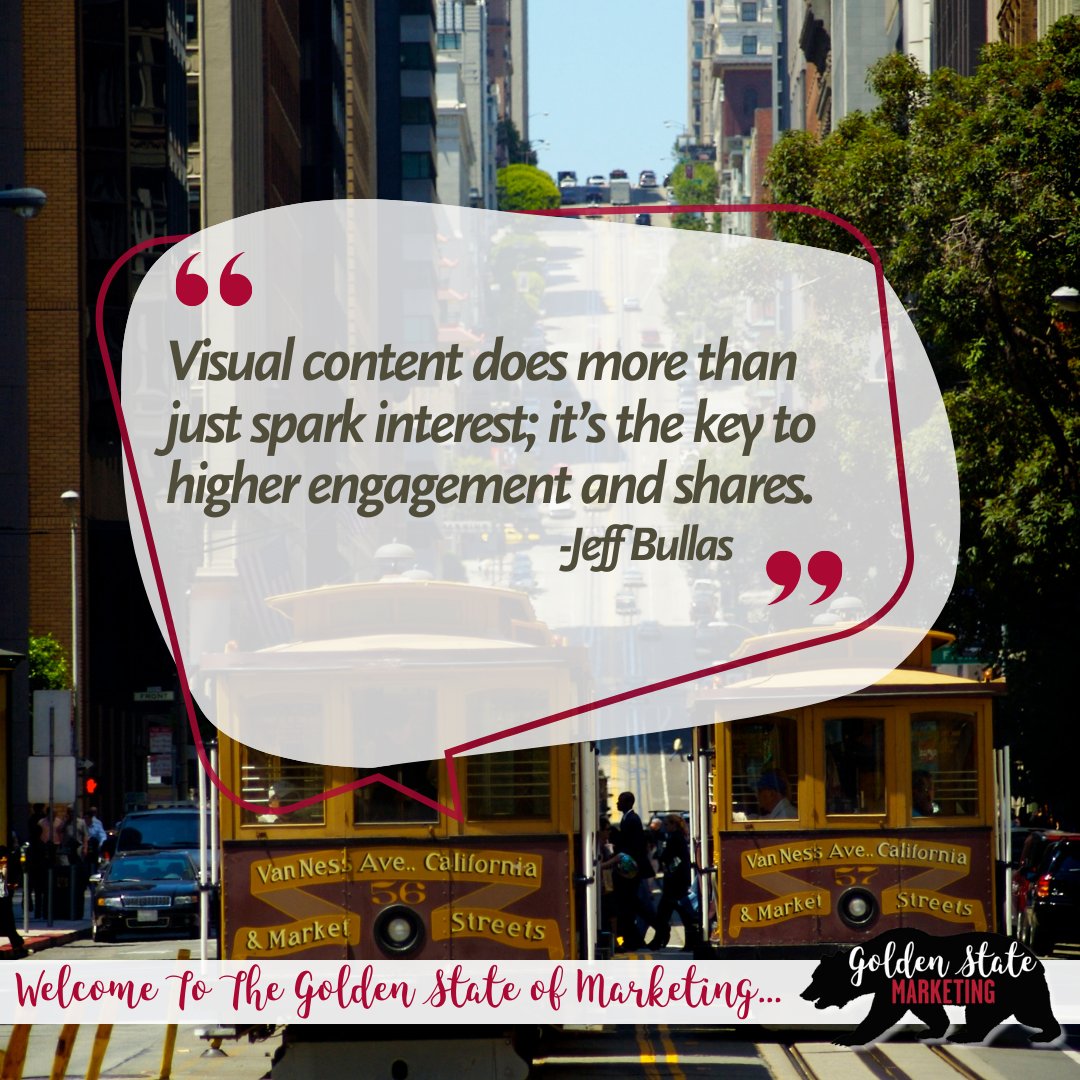 Visual content isn't just eye candy; it's the secret sauce for higher engagement and shares. Paint stories that captivate and resonate with your audience. 

#GoldenStateMarketing #MarketingMonday #contentmarketing #socialmediamarketing #marketing #marketingstrategy